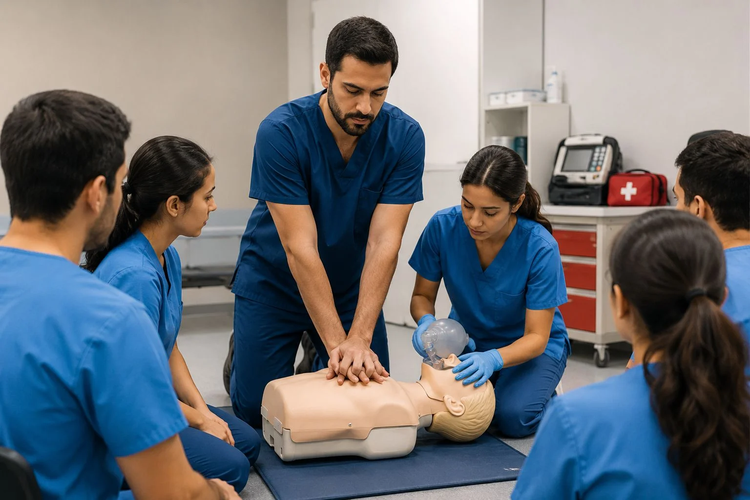 Students practising CPR on a mannequin